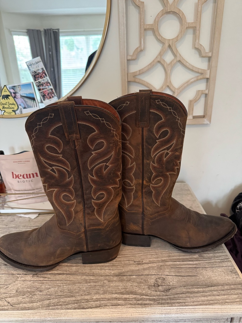 Dan Post Brown Leather Cowboy Boots with Embroidered Shaft